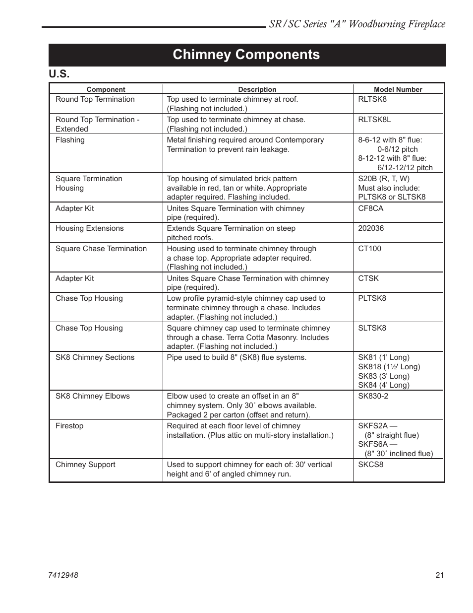 Chimney components, Sr/sc series "a" woodburning fireplace | Vermont Casting SR42A User Manual | Page 21 / 24
