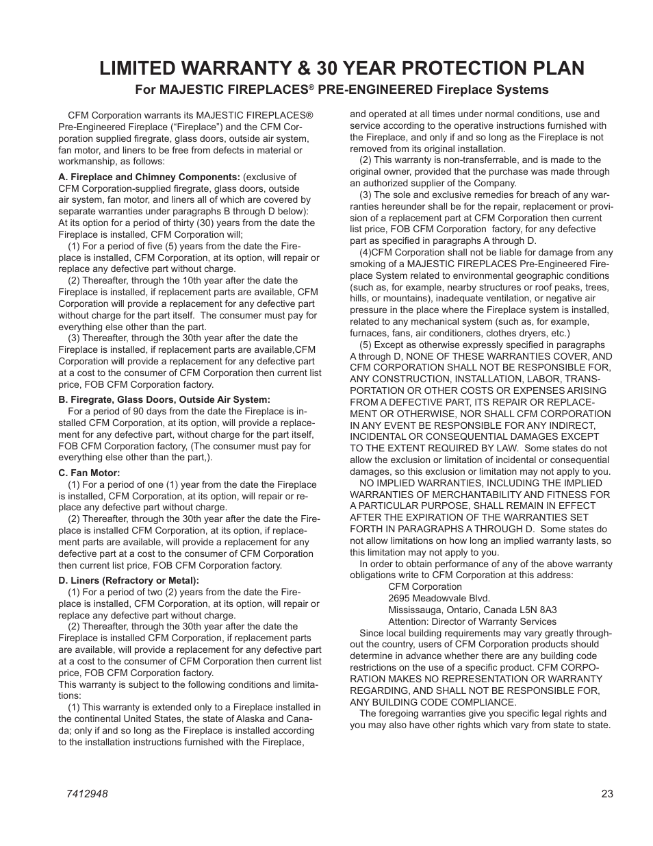 Limited warranty & 30 year protection plan, Sr/sc series "a" woodburning fireplace | Vermont Casting SR42A User Manual | Page 23 / 24