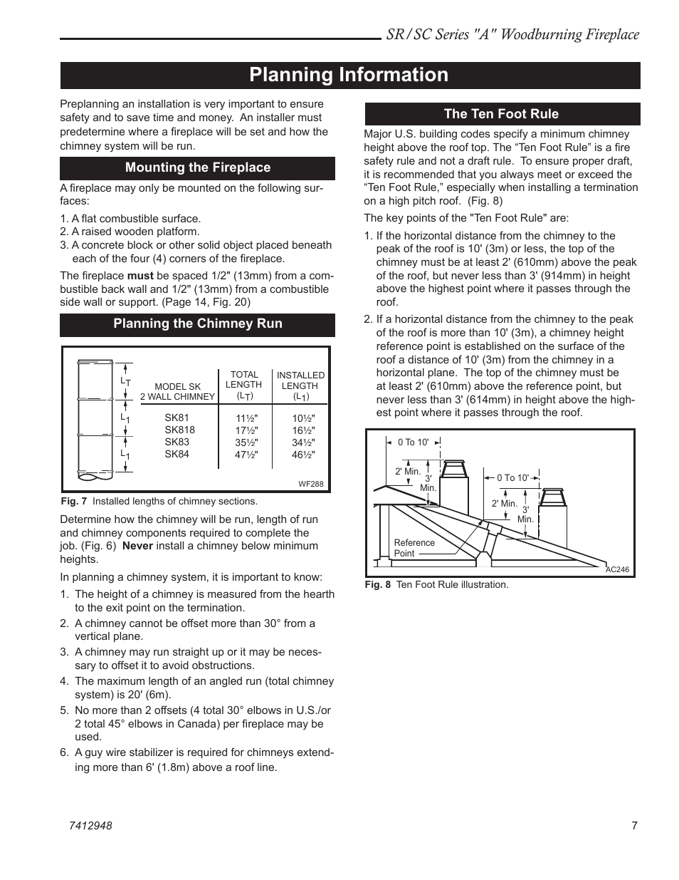 Planning information, Sr/sc series "a" woodburning fireplace, Mounting the fireplace | Planning the chimney run the ten foot rule | Vermont Casting SR42A User Manual | Page 7 / 24