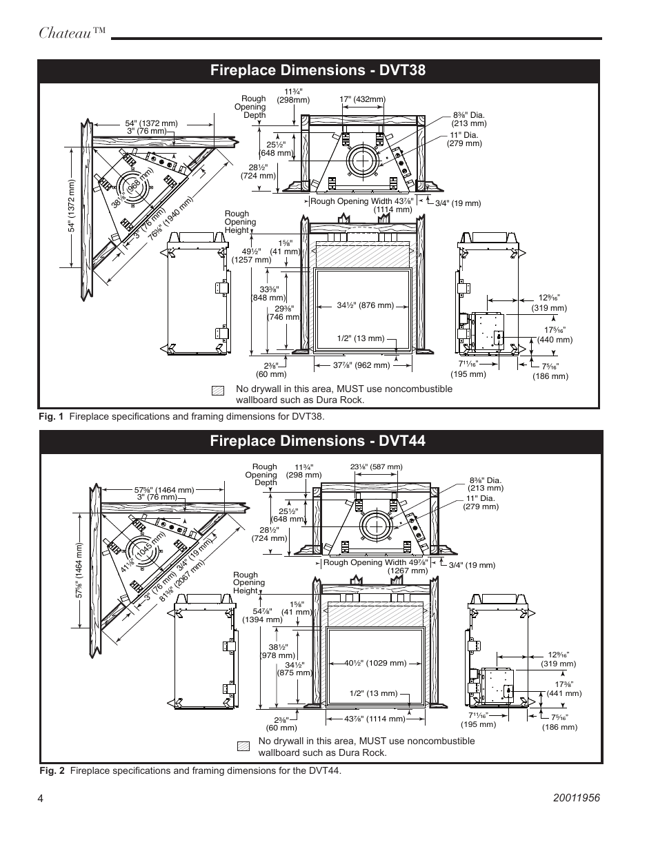 Chateau, Fireplace dimensions - dvt38, Fireplace dimensions - dvt44 | Vermont Casting DVT44 User Manual | Page 4 / 44