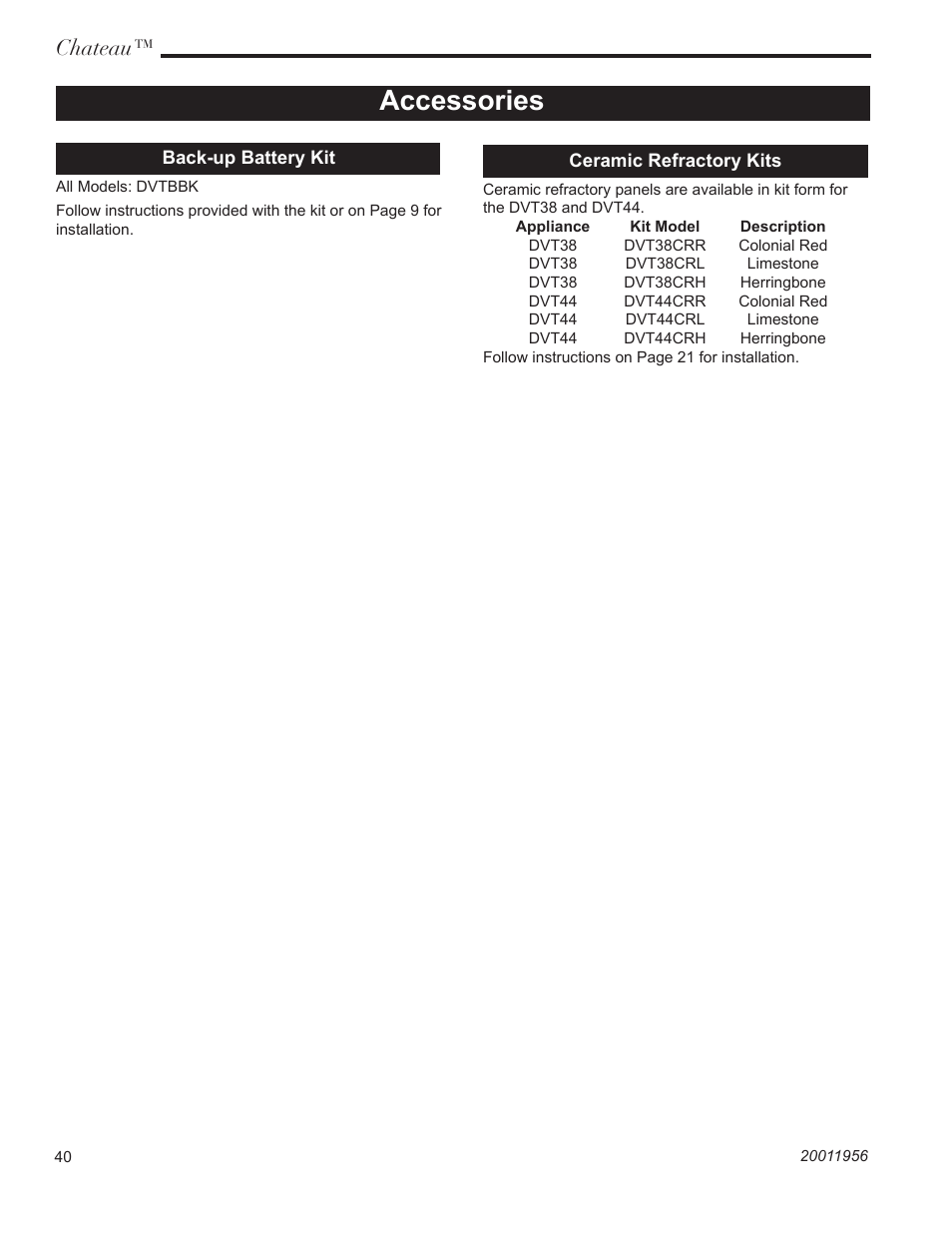 Accessories, Chateau | Vermont Casting DVT44 User Manual | Page 40 / 44