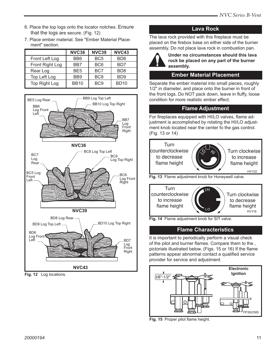 Nvc series b-vent, Lava rock, Ember material placement | Flame adjustment, Flame characteristics | Vermont Casting NVC43 User Manual | Page 11 / 28
