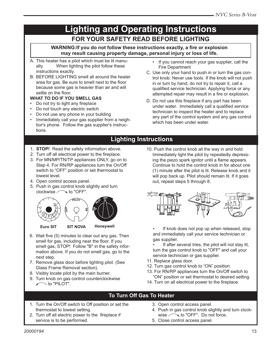 Lighting and operating instructions, For your safety read before lighting, Lighting instructions | Nvc series b-vent | Vermont Casting NVC43 User Manual | Page 13 / 28