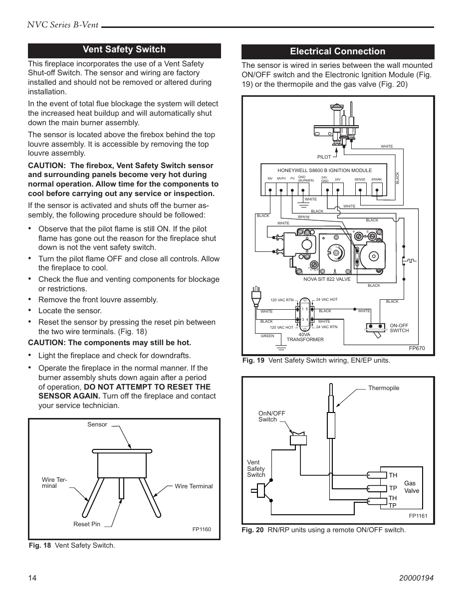 Nvc series b-vent, Vent safety switch, Electrical connection | Remove the front louvre assembly, Locate the sensor, Light the fireplace and check for downdrafts, Fig. 18 vent safety switch, Fig. 19 vent safety switch wiring, en/ep units, Fig. 20 rn/rp units using a remote on/off switch | Vermont Casting NVC43 User Manual | Page 14 / 28