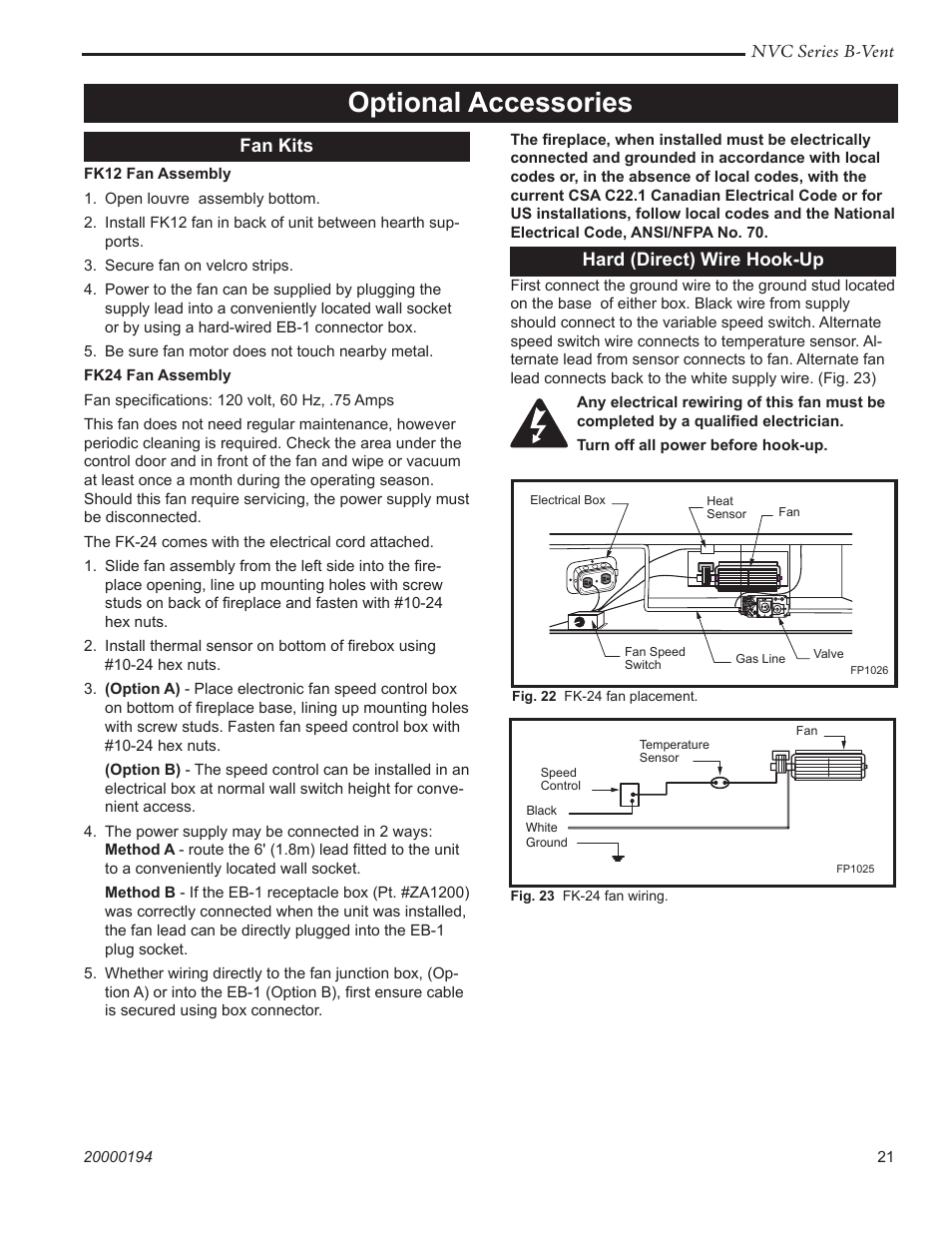 Optional accessories, Nvc series b-vent, Fan kits | Hard (direct) wire hook-up | Vermont Casting NVC43 User Manual | Page 21 / 28