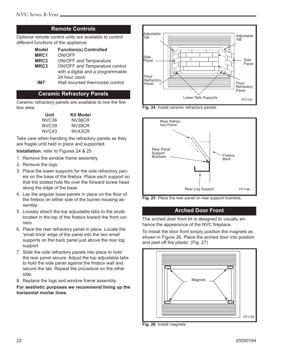 Nvc series b-vent, Remote controls, Ceramic refractory panels | Arched door front | Vermont Casting NVC43 User Manual | Page 22 / 28