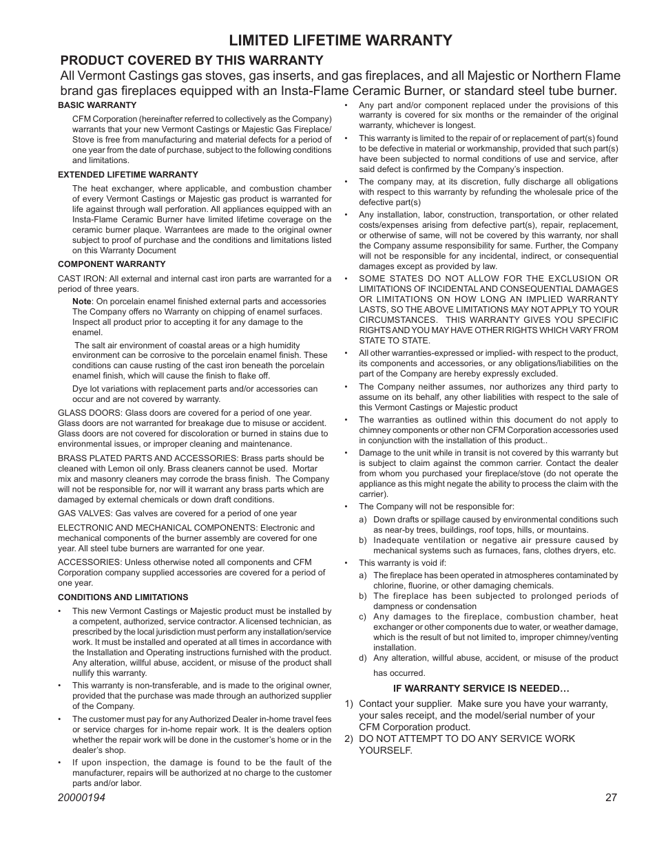 Limited lifetime warranty, Nvc series b-vent | Vermont Casting NVC43 User Manual | Page 27 / 28