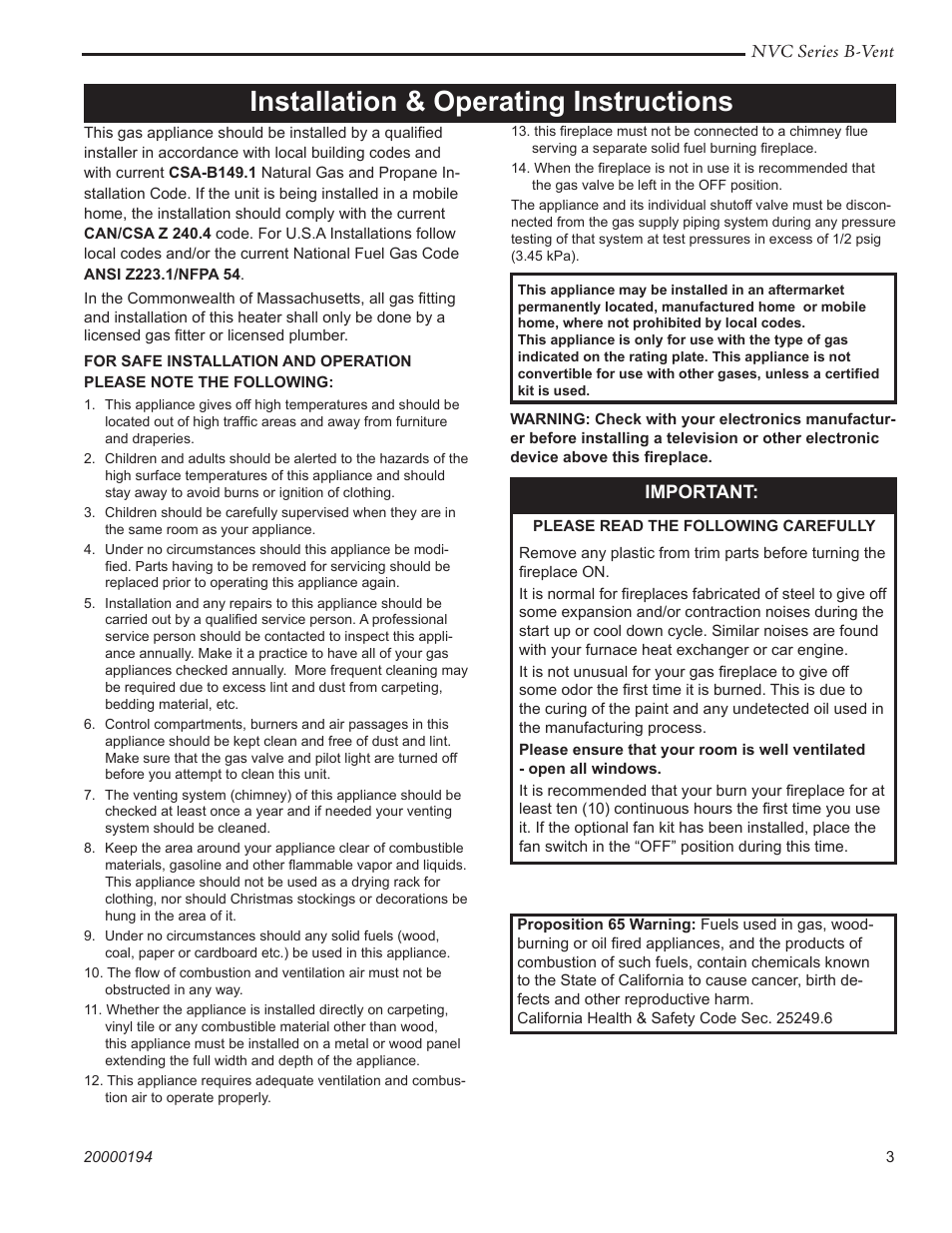 Installation & operating instructions | Vermont Casting NVC43 User Manual | Page 3 / 28