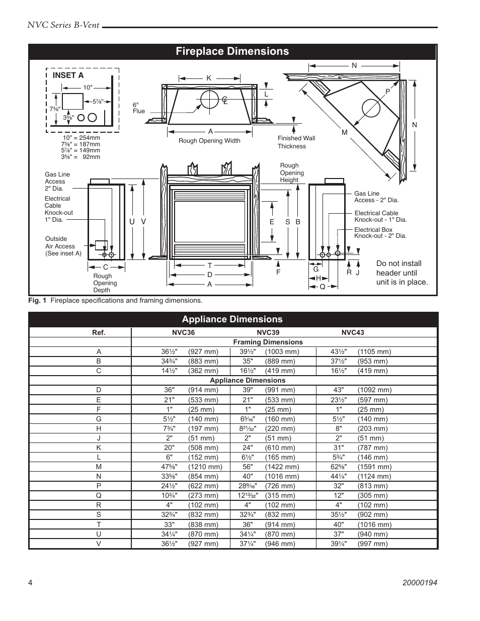 Fireplace dimensions, Nvc series b-vent, Appliance dimensions | Vermont Casting NVC43 User Manual | Page 4 / 28
