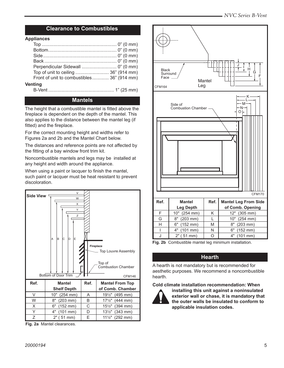 Nvc series b-vent, Clearance to combustibles, Mantels | Hearth | Vermont Casting NVC43 User Manual | Page 5 / 28