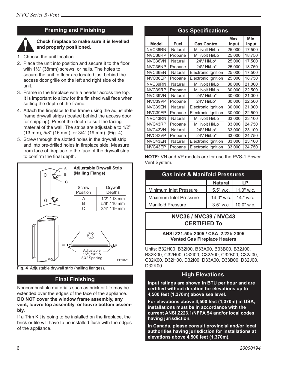 Nvc series b-vent, Gas speciﬁcations, Framing and finishing final finishing | High elevations, Gas inlet & manifold pressures | Vermont Casting NVC43 User Manual | Page 6 / 28