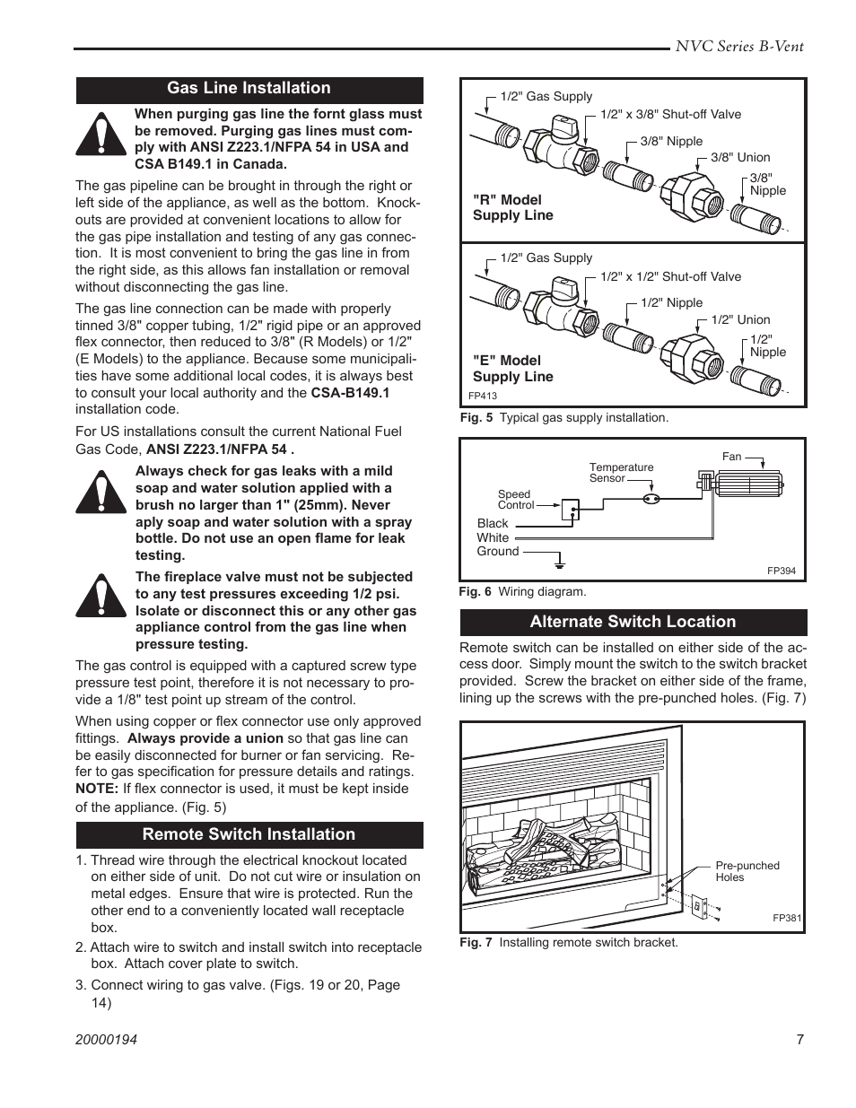 Nvc series b-vent, Gas line installation, Remote switch installation | Alternate switch location | Vermont Casting NVC43 User Manual | Page 7 / 28