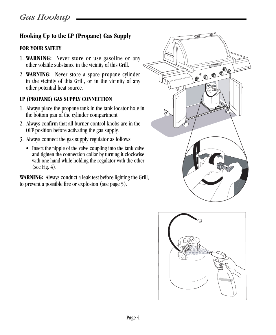 Gas hookup, Hooking up to the lp (propane) gas supply, For your safety | Lp (propane) gas supply connection, Page 4 | Vermont Casting VC500 User Manual | Page 10 / 31