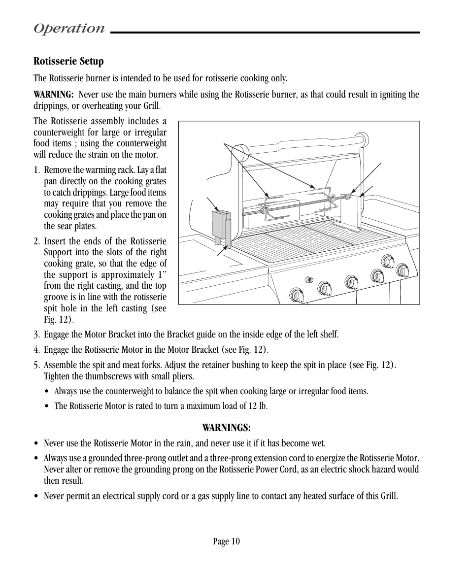 Operation, Rotisserie setup, Warnings | Vermont Casting VC500 User Manual | Page 16 / 31