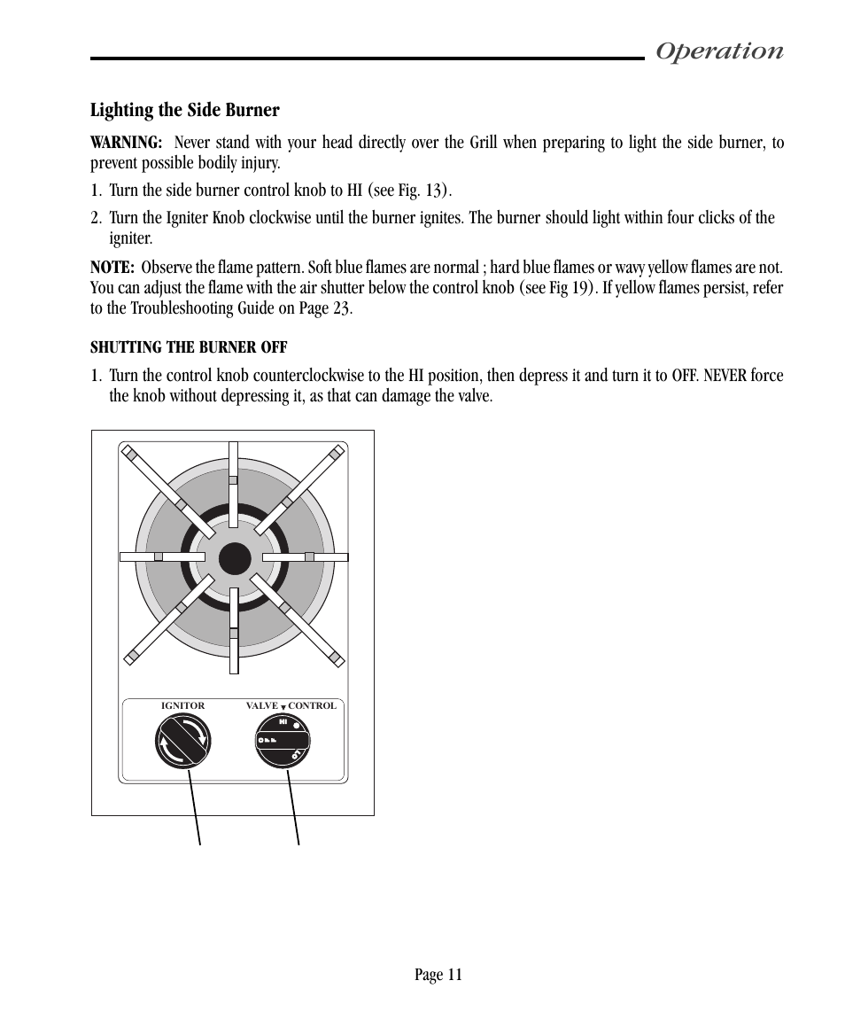 Operation, Lighting the side burner, Page 11 | Shutting the burner off | Vermont Casting VC500 User Manual | Page 17 / 31