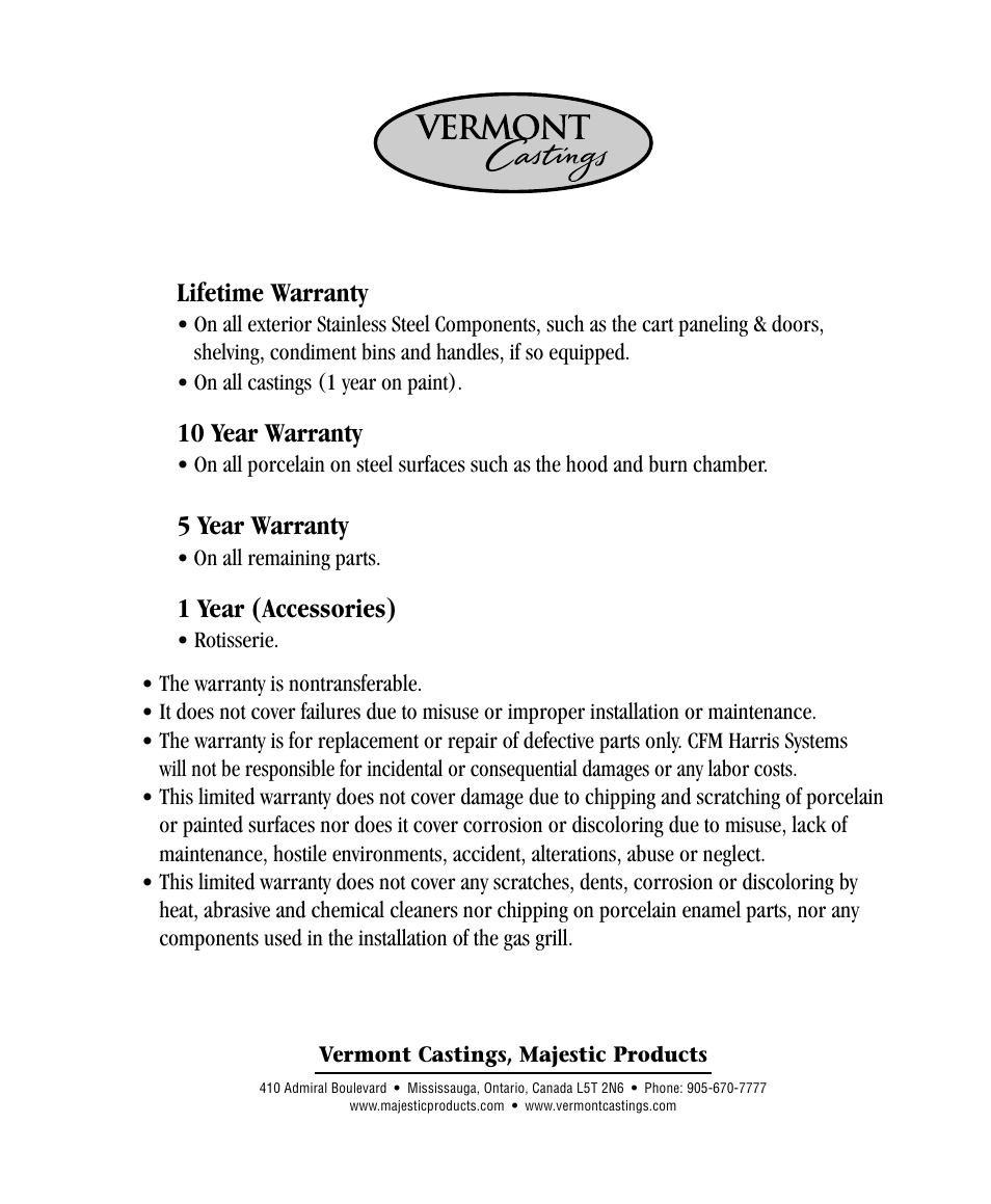 Lifetime warranty, 10 year warranty, 5 year warranty | 1 year (accessories) | Vermont Casting VC500 User Manual | Page 31 / 31
