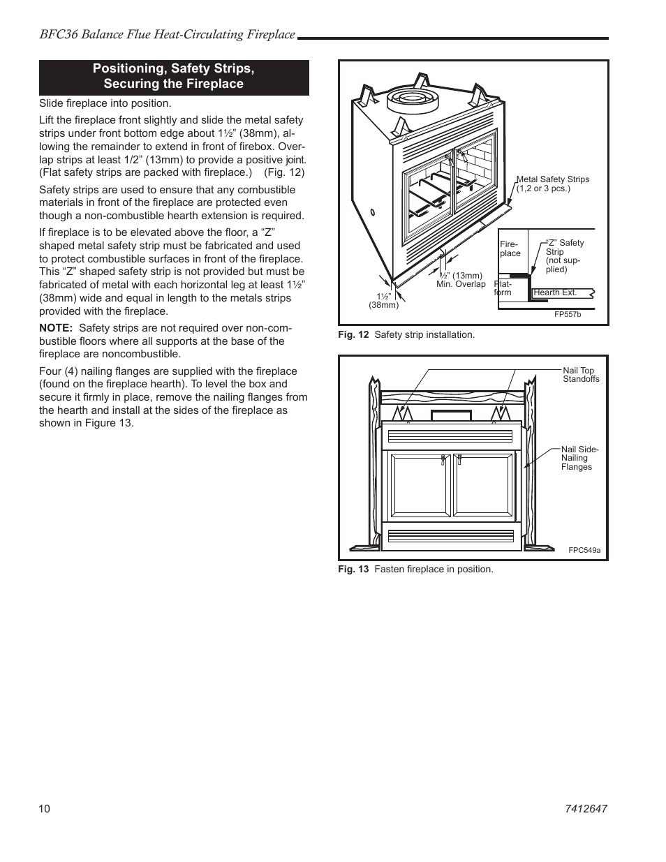 Bfc36 balance flue heat-circulating fireplace, Positioning, safety strips, securing the fireplace | Vermont Casting BFC36 User Manual | Page 10 / 24