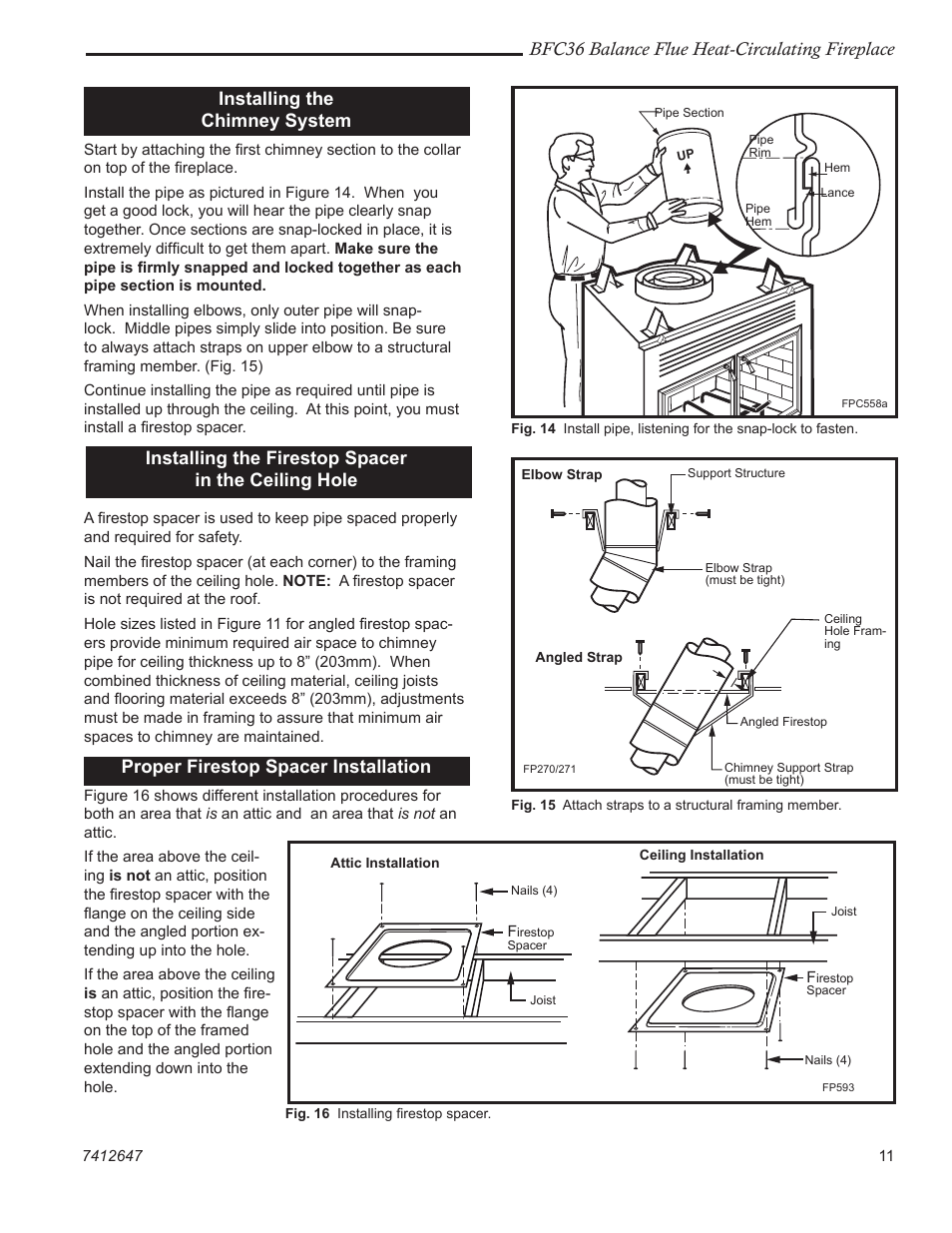 Bfc36 balance flue heat-circulating fireplace, Installing the chimney system, Installing the firestop spacer in the ceiling hole | Proper firestop spacer installation | Vermont Casting BFC36 User Manual | Page 11 / 24