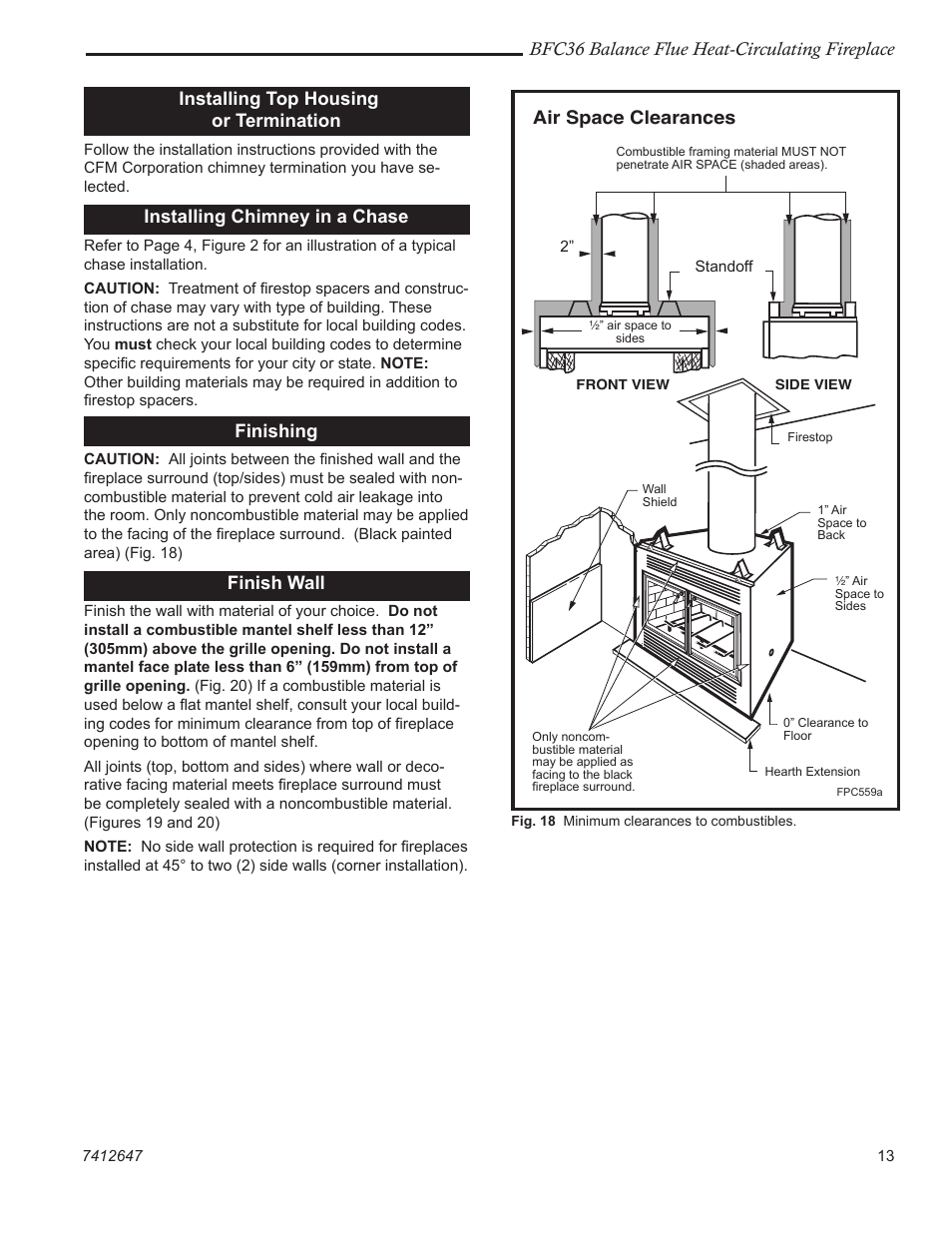 Bfc36 balance flue heat-circulating fireplace, Installing top housing or termination, Installing chimney in a chase | Finishing, Finish wall | Vermont Casting BFC36 User Manual | Page 13 / 24