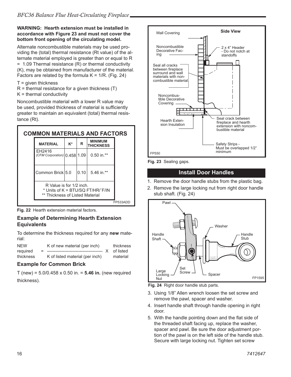 Bfc36 balance flue heat-circulating fireplace, Common materials and factors, Install door handles | Vermont Casting BFC36 User Manual | Page 16 / 24