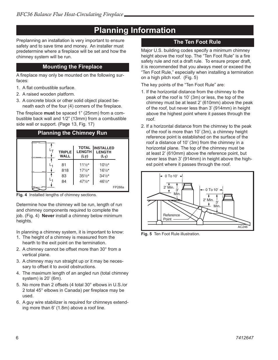 Planning information, Bfc36 balance flue heat-circulating fireplace, Mounting the fireplace | Planning the chimney run, The ten foot rule | Vermont Casting BFC36 User Manual | Page 6 / 24