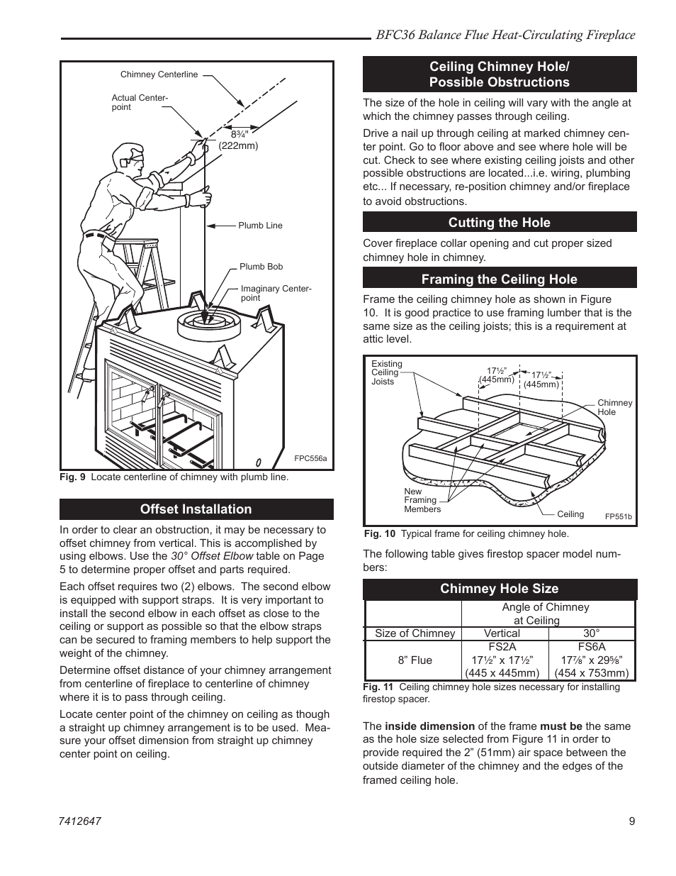 Bfc36 balance flue heat-circulating fireplace, Offset installation, Ceiling chimney hole/ possible obstructions | Cutting the hole, Framing the ceiling hole, Chimney hole size | Vermont Casting BFC36 User Manual | Page 9 / 24