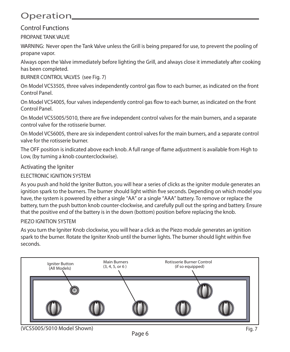 Operation, Control functions | Vermont Casting VCS4005 User Manual | Page 12 / 31