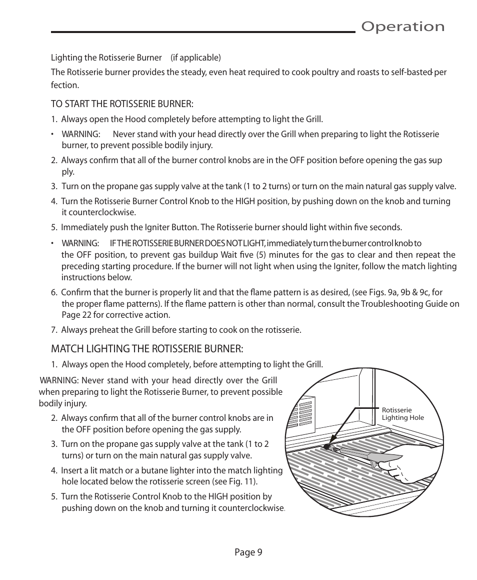 Operation, Match lighting the rotisserie burner | Vermont Casting VCS4005 User Manual | Page 15 / 31