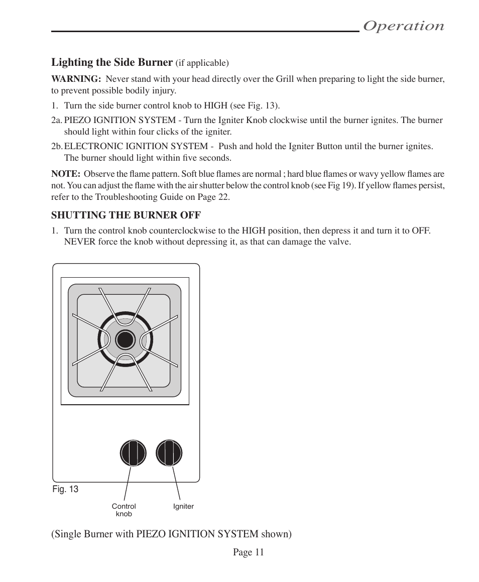 Operation, Lighting the side burner | Vermont Casting VCS4005 User Manual | Page 17 / 31