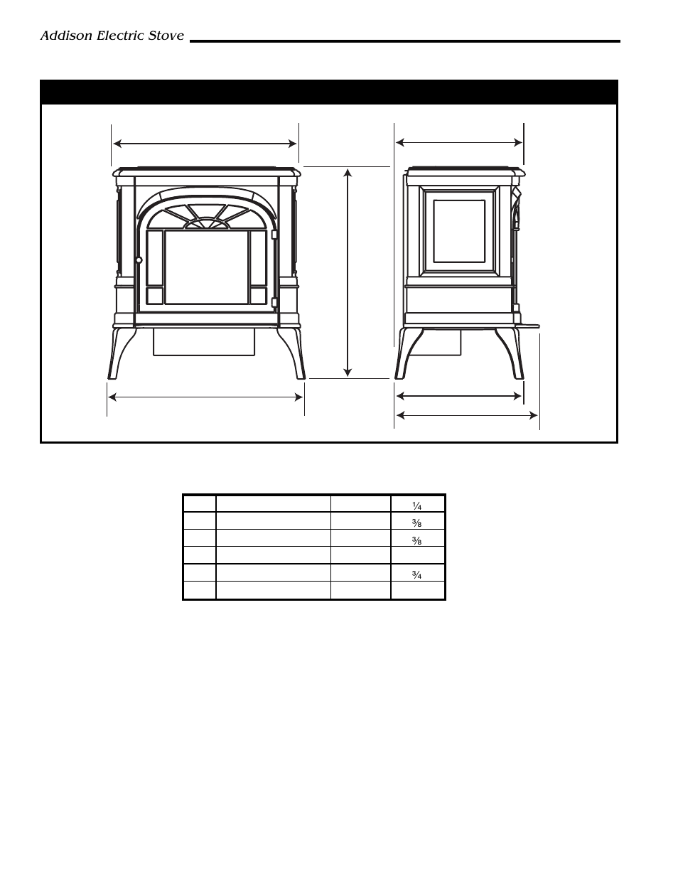 Stove dimensions, Addison electric stove | Vermont Casting ACSB User Manual | Page 4 / 10