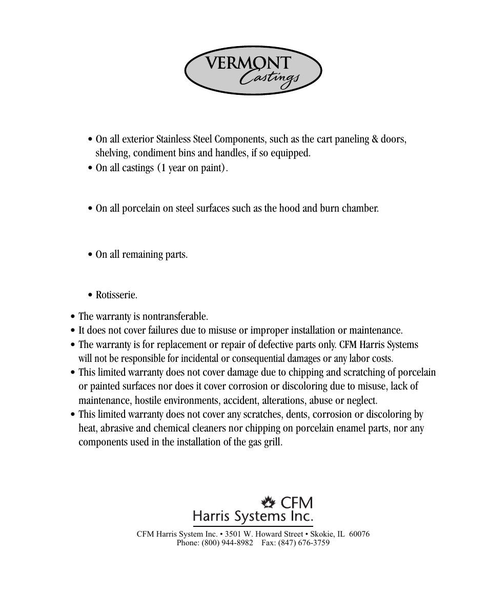 Lifetime warranty, 10 year warranty, 5 year warranty | 1 year (accessories) | Vermont Casting CF9030 User Manual | Page 31 / 31