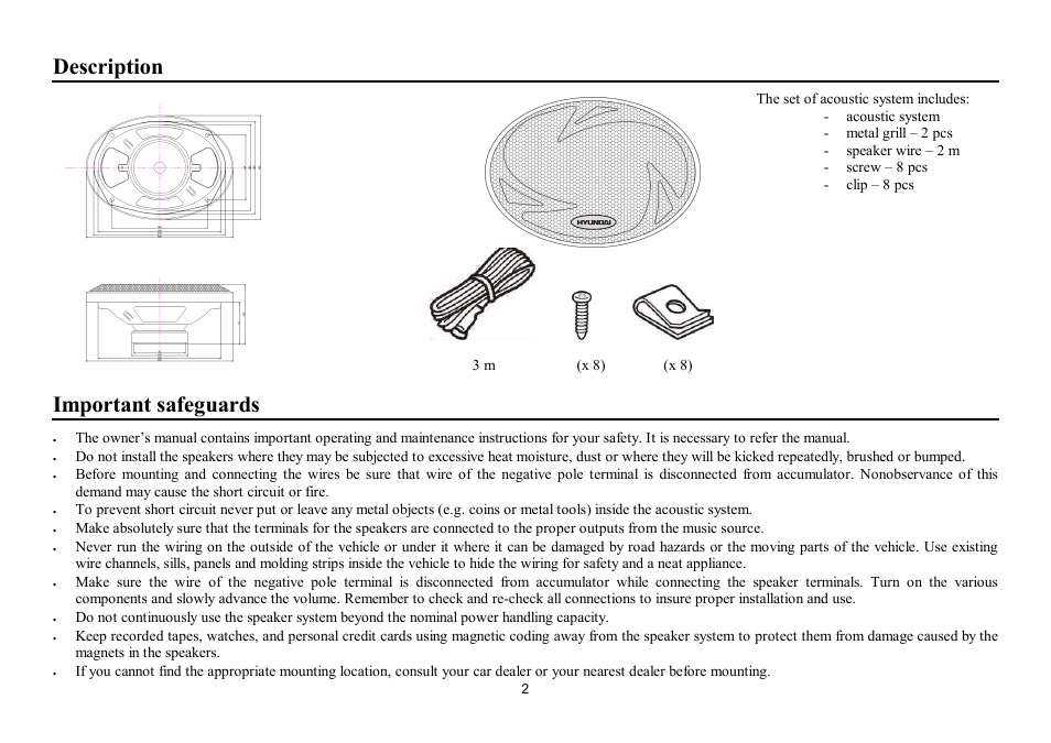 Description, Important safeguards | Hyundai H-CSE694 User Manual | Page 2 / 12