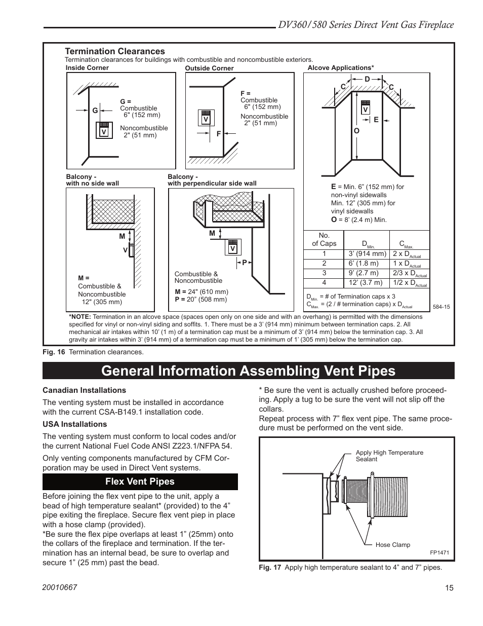 General information assembling vent pipes, Fp1471 flex vent, Flex vent pipes | Termination clearances | Vermont Casting DV580 User Manual | Page 15 / 60