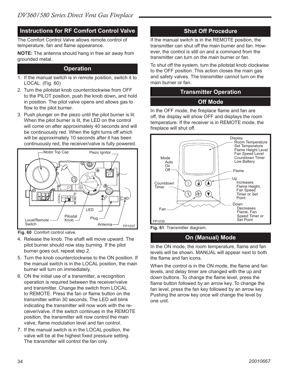 Instructions for rf comfort control valve, Operation, Shut off procedure | Transmitter operation off mode, On (manual) mode | Vermont Casting DV580 User Manual | Page 34 / 60