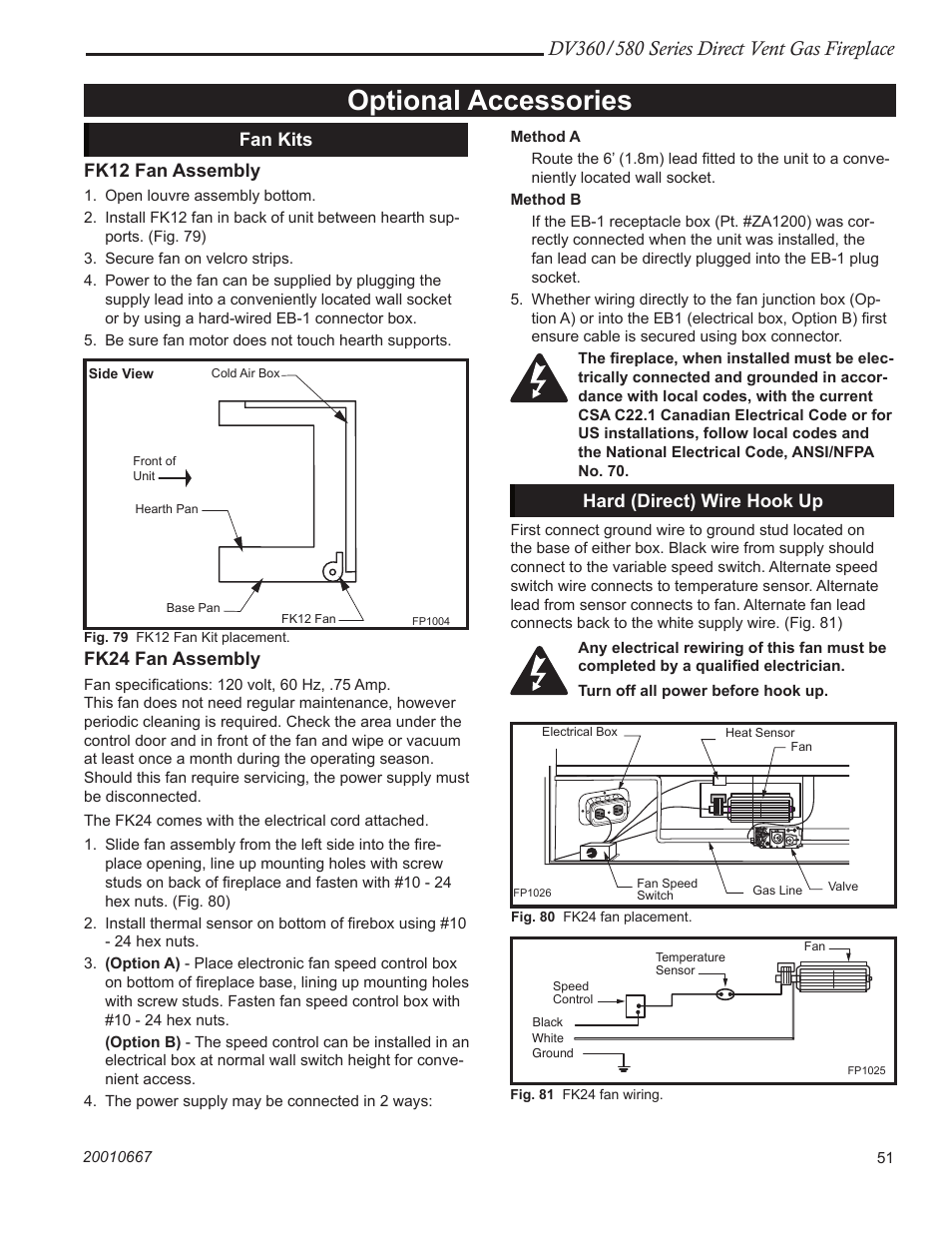 Optional accessories, Fan kits fk12 fan assembly, Fk24 fan assembly | Hard (direct) wire hook up | Vermont Casting DV580 User Manual | Page 51 / 60