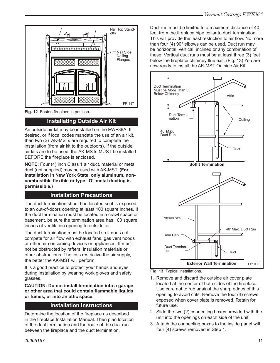 Vermont castings ewf36a, Installating outside air kit, Installation precautions | Installation instructions | Vermont Casting EWF36A User Manual | Page 11 / 32