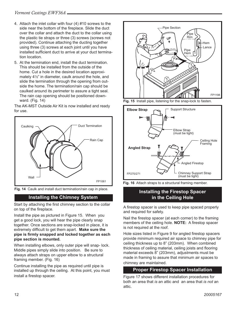 Vermont castings ewf36a, Installing the chimney system, Installing the firestop spacer in the ceiling hole | Proper firestop spacer installation | Vermont Casting EWF36A User Manual | Page 12 / 32