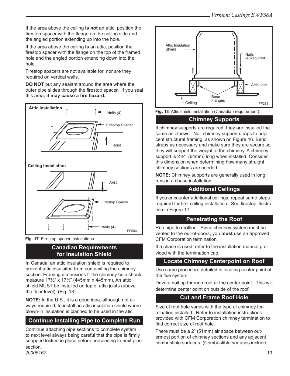 Vermont castings ewf36a, Canadian requirements for insulation shield, Continue installing pipe to complete run | Chimney supports, Additional ceilings, Penetrating the roof, Locate chimney centerpoint on roof, Cut and frame roof hole | Vermont Casting EWF36A User Manual | Page 13 / 32