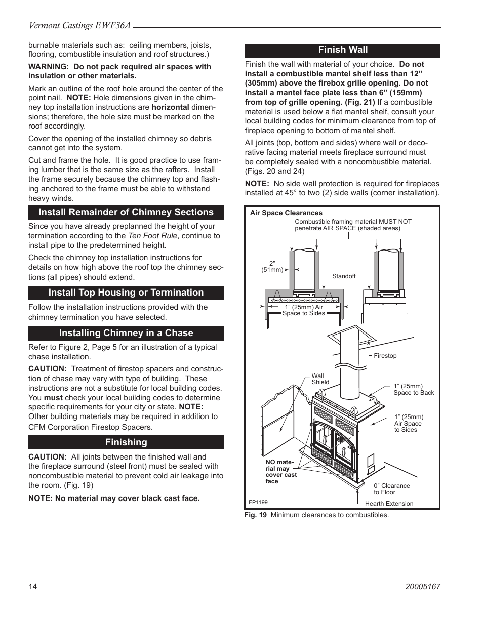 Vermont castings ewf36a, Install top housing or termination, Installing chimney in a chase | Finishing, Finish wall | Vermont Casting EWF36A User Manual | Page 14 / 32