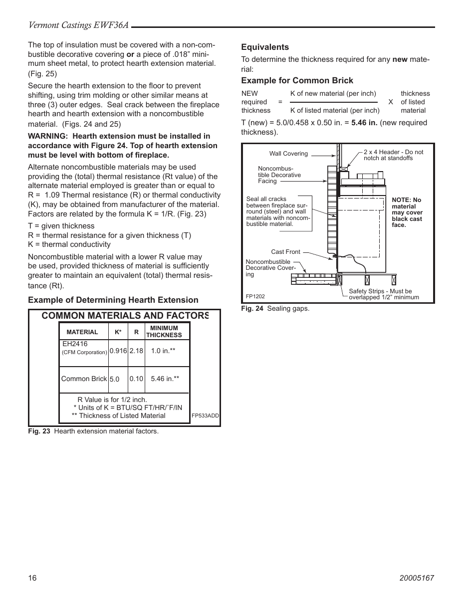 Vermont castings ewf36a, Common materials and factors, Example for common brick | Vermont Casting EWF36A User Manual | Page 16 / 32