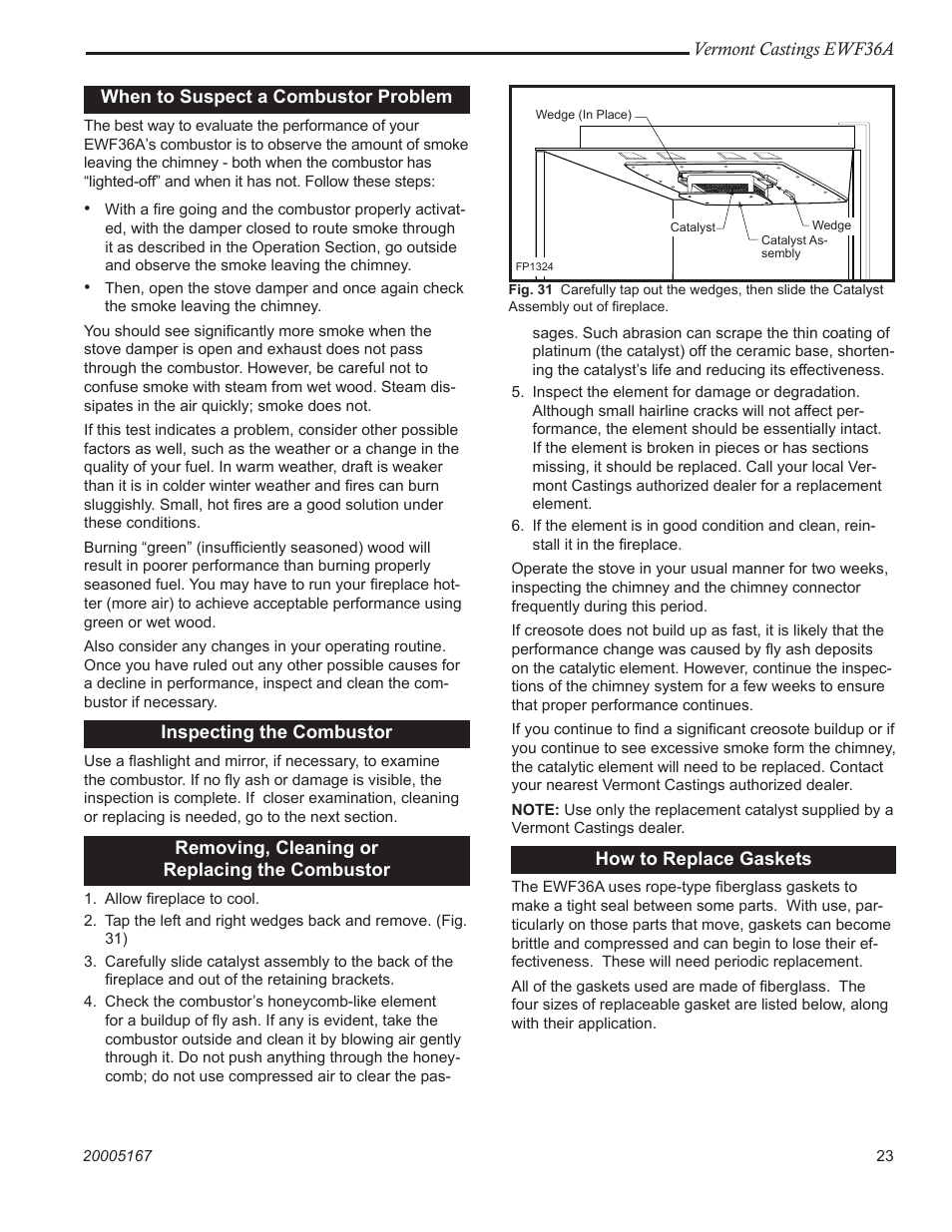 Vermont castings ewf36a, When to suspect a combustor problem, Inspecting the combustor | Removing, cleaning or replacing the combustor, How to replace gaskets | Vermont Casting EWF36A User Manual | Page 23 / 32