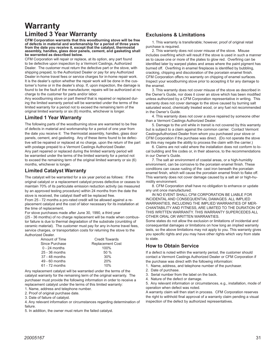 Warranty, Limited 3 year warranty, Vermont castings ewf36a | Limited 1 year warranty, Limited catalyst warranty, Exclusions & limitations, How to obtain service | Vermont Casting EWF36A User Manual | Page 31 / 32