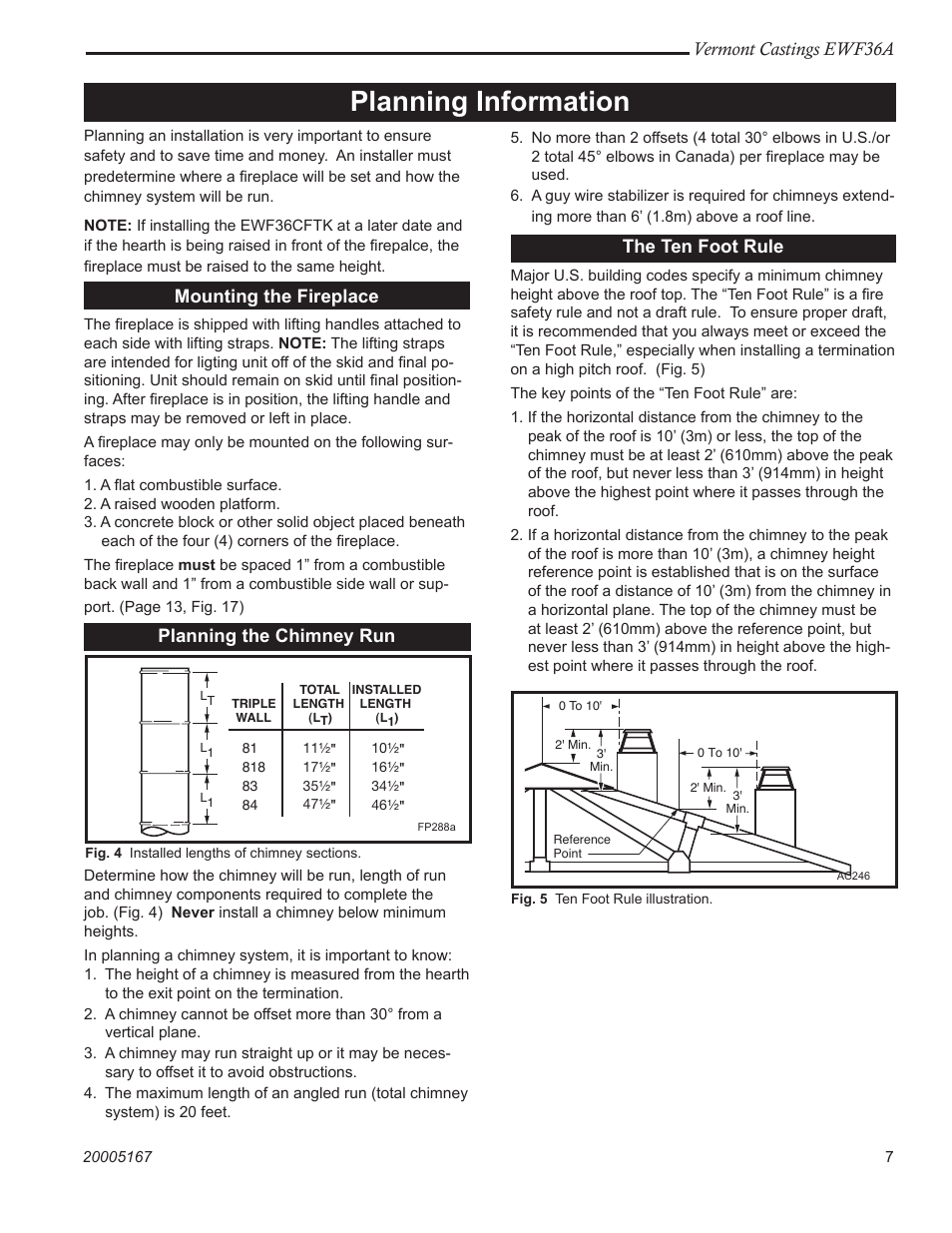 Planning information, Vermont castings ewf36a, The ten foot rule | Mounting the fireplace, Planning the chimney run | Vermont Casting EWF36A User Manual | Page 7 / 32