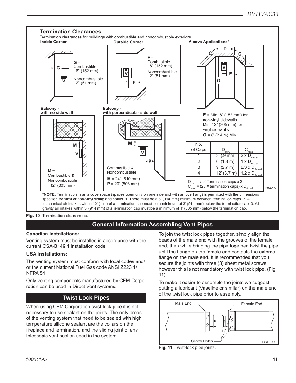 Dvhvac36, General information assembling vent pipes, Twist lock pipes | Termination clearances | Vermont Casting DVHVAC36 User Manual | Page 11 / 32