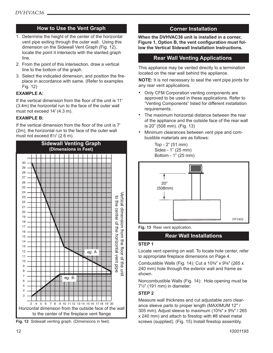 Dvhvac36, How to use the vent graph, Corner installation | Rear wall venting applications, Rear wall installations, Sidewall venting graph | Vermont Casting DVHVAC36 User Manual | Page 12 / 32