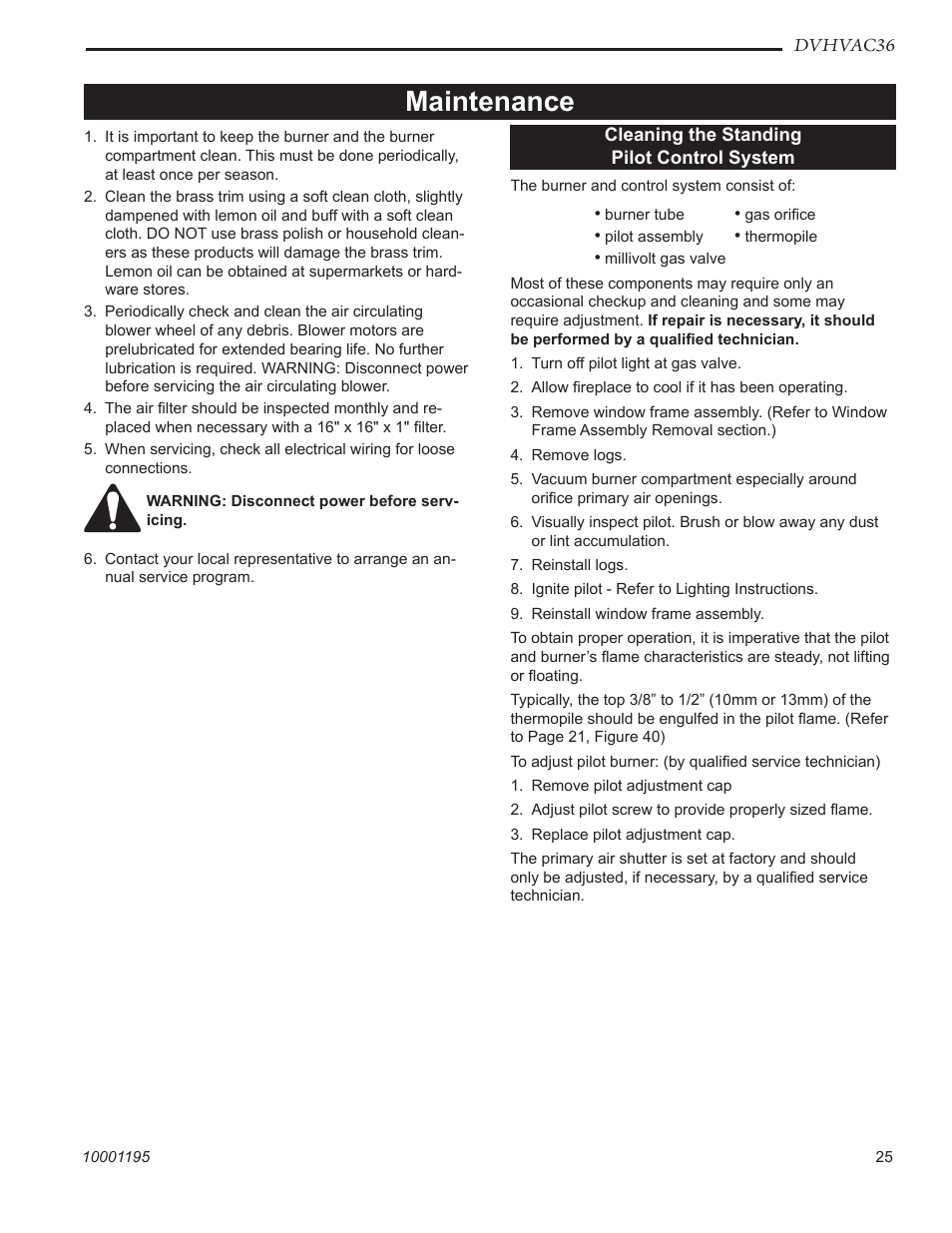 Maintenance | Vermont Casting DVHVAC36 User Manual | Page 25 / 32