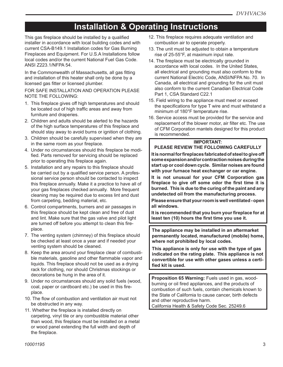 Installation & operating instructions | Vermont Casting DVHVAC36 User Manual | Page 3 / 32