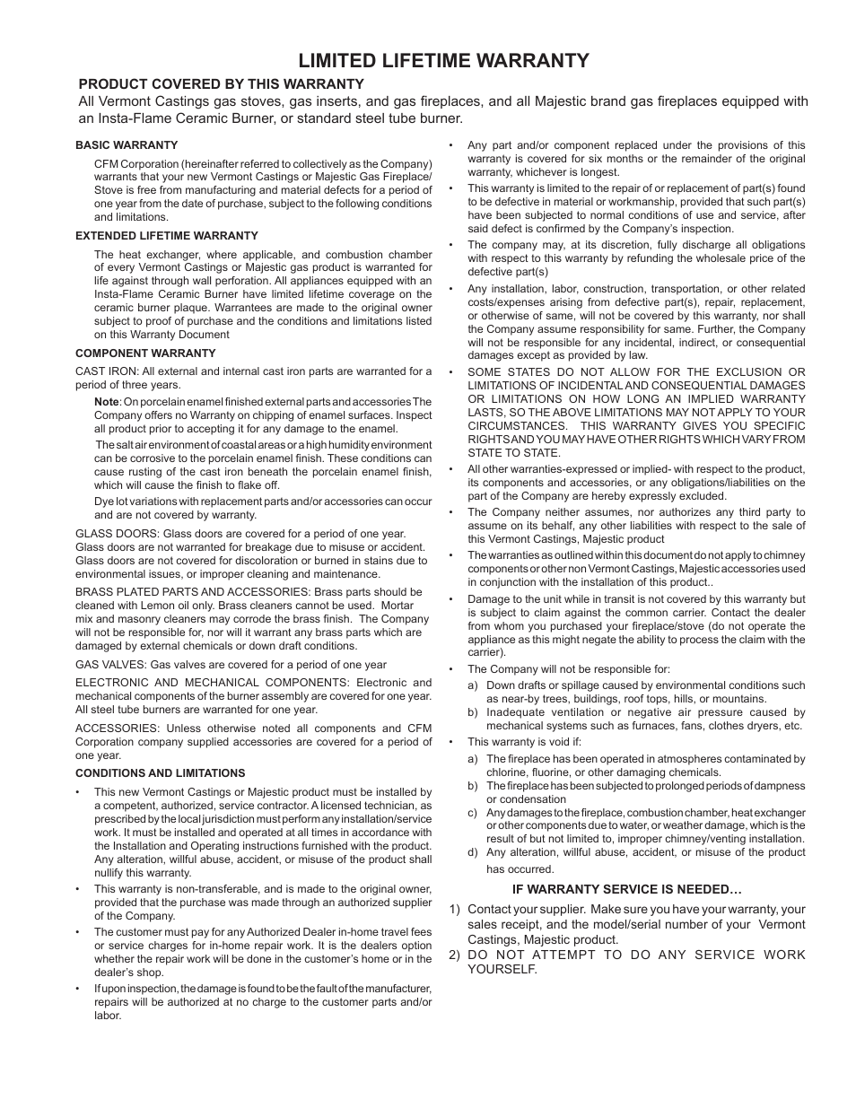 Limited lifetime warranty | Vermont Casting DVHVAC36 User Manual | Page 31 / 32