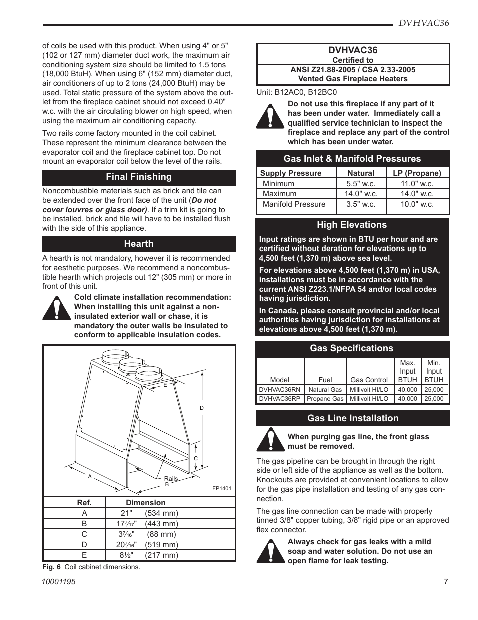 Dvhvac36, Final finishing, Hearth | Gas inlet & manifold pressures, High elevations, Gas speciﬁcations, Gas line installation | Vermont Casting DVHVAC36 User Manual | Page 7 / 32