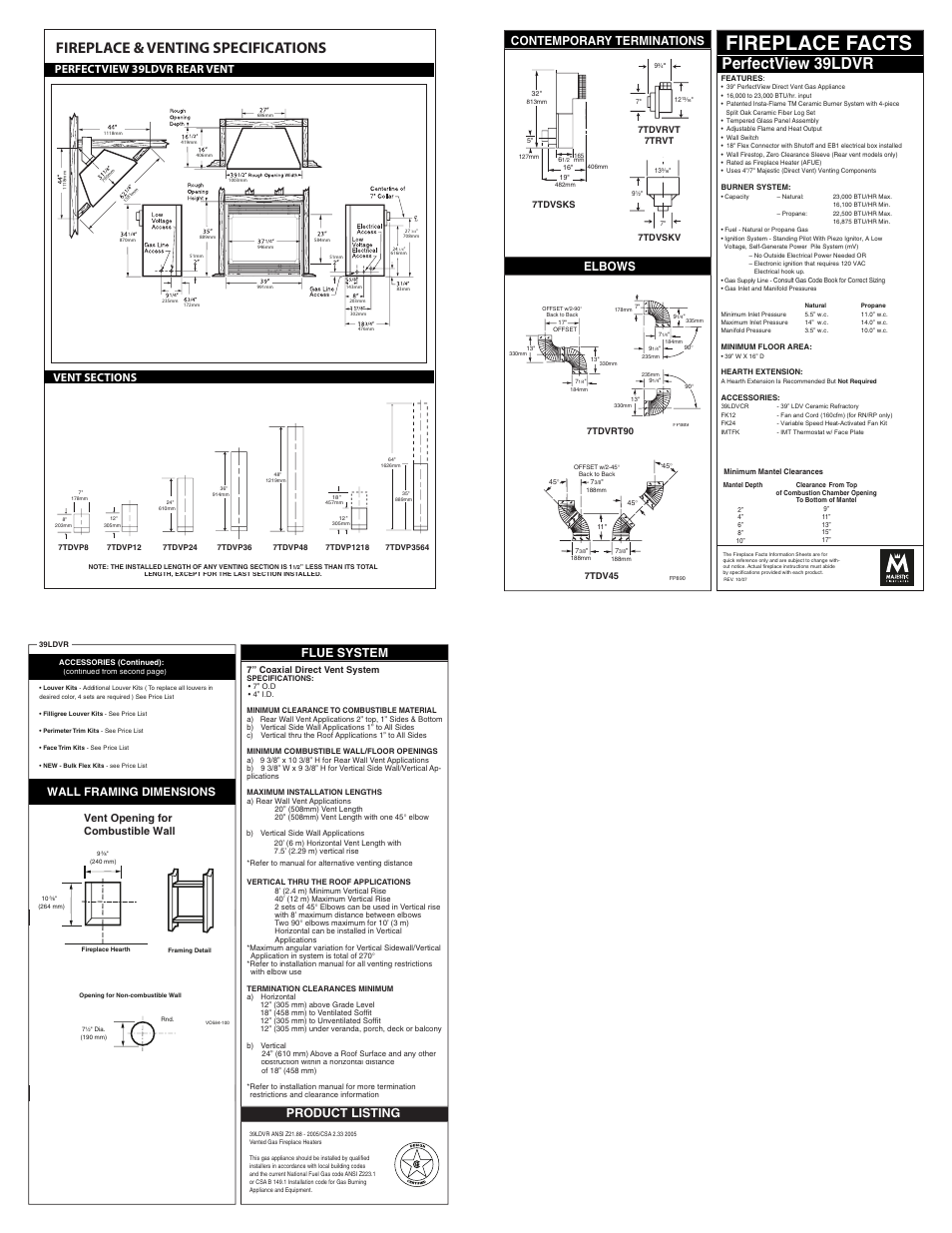 Fireplace facts, Perfectview 39ldvr, Fireplace & venting specifications | Contemporary terminations, Elbows, Flue system, Product listing, Wall framing dimensions, Vent opening for combustible wall | Vermont Casting 39LDVR User Manual | Page 2 / 3